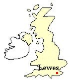 Map of Great Britain showing location of Lewes, East Sussex